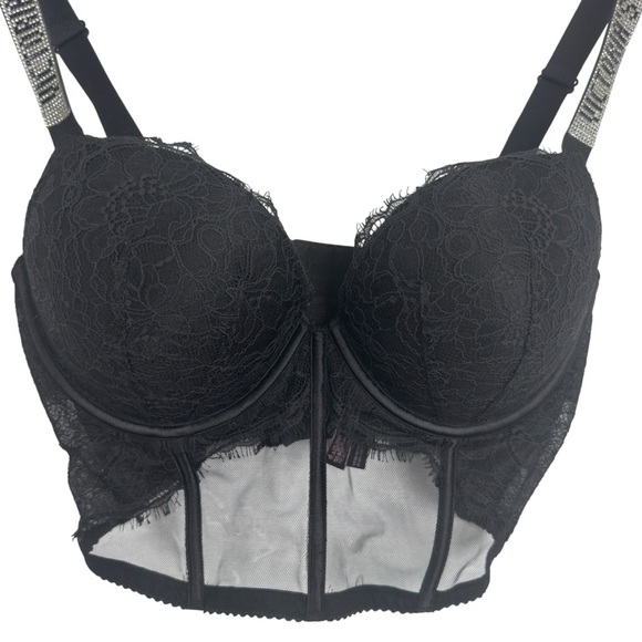 Victoria’s Secret Black Rhinestone Strap Pushup Corset Bra Top 36D Floral Lace - Picture 7 of 16
